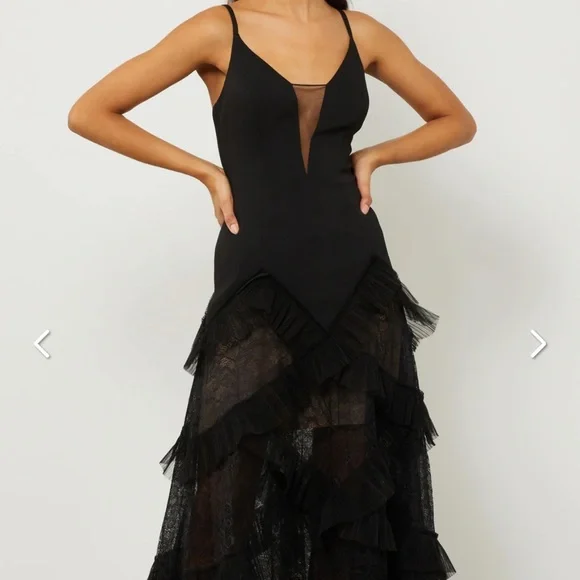 Women's Ruffle Skirt Evening Gown in Black, 2, 100% Polyester